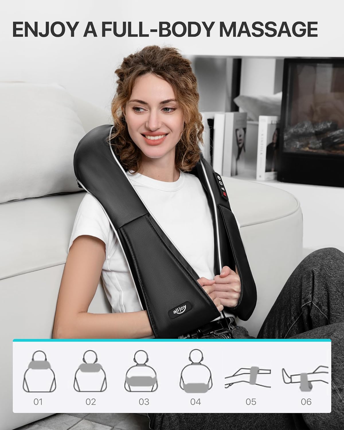 woman relaxing with Alljoy neck massager and heat therapy