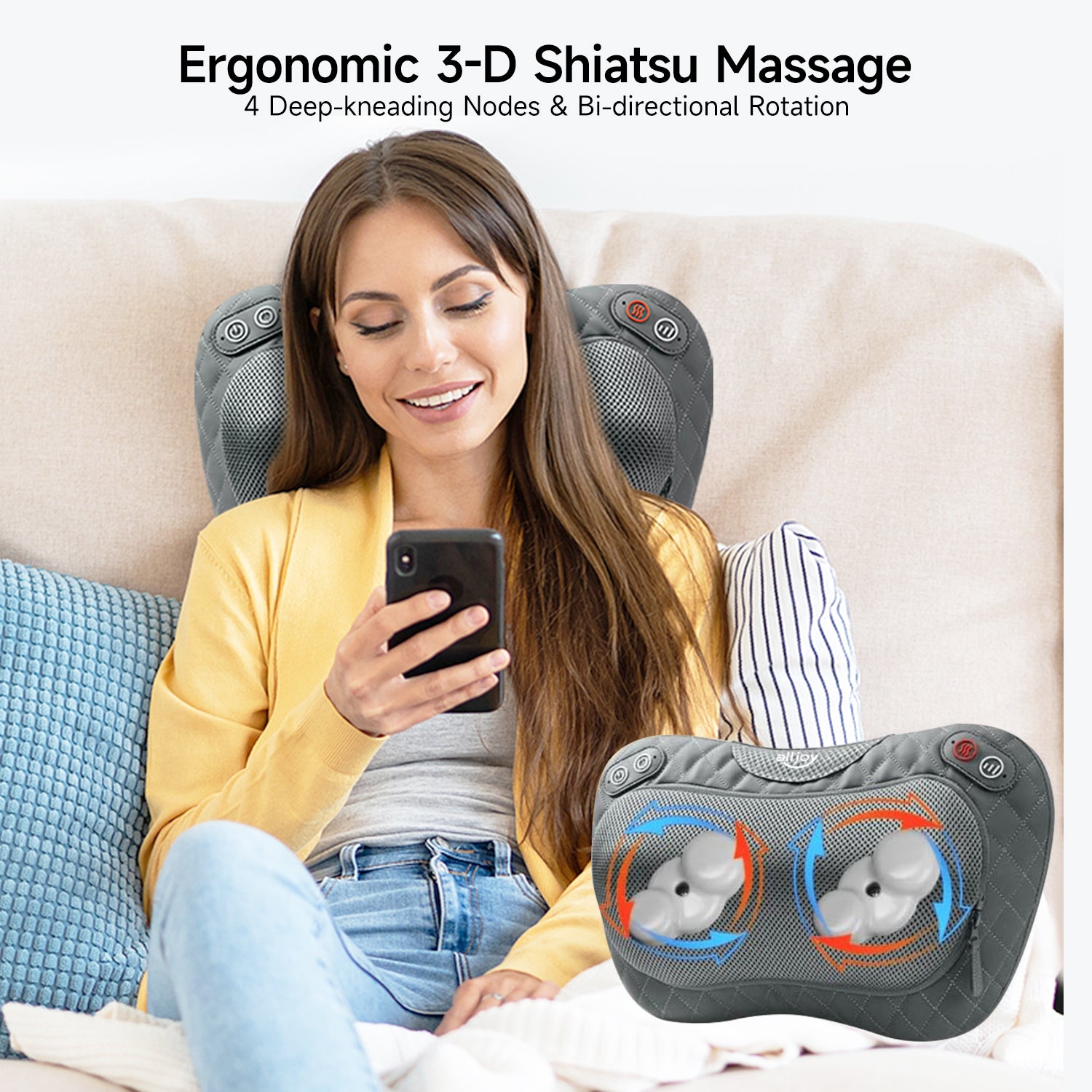 ALLJOY Cordless Shiatsu Neck and Back Massage Pillow with Heat – ALL JOY  Official