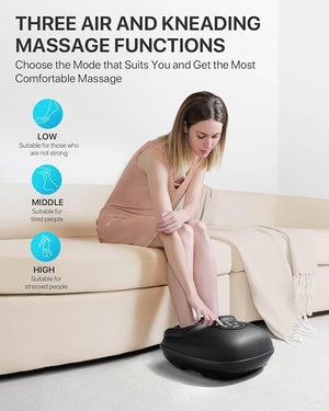 woman relaxing on sofa using shiatsu foot massager for tired feet