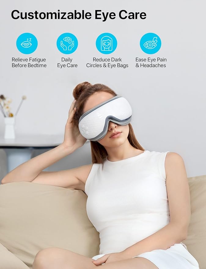 woman using ultra silent eye massager for eye fatigue relief