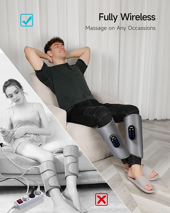 woman wearing calf air compression massager for muscle relaxation
