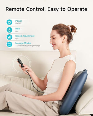 woman using cordless massage pillow for lower back pain relief at home
