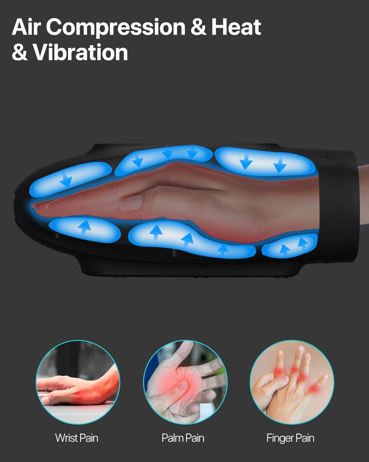 Heated air compression zones of electric hand massager
