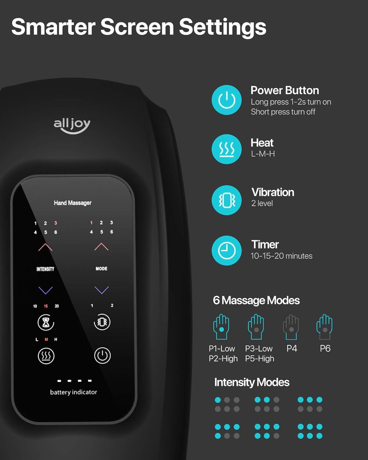 Touchscreen control panel of Alljoy hand massager