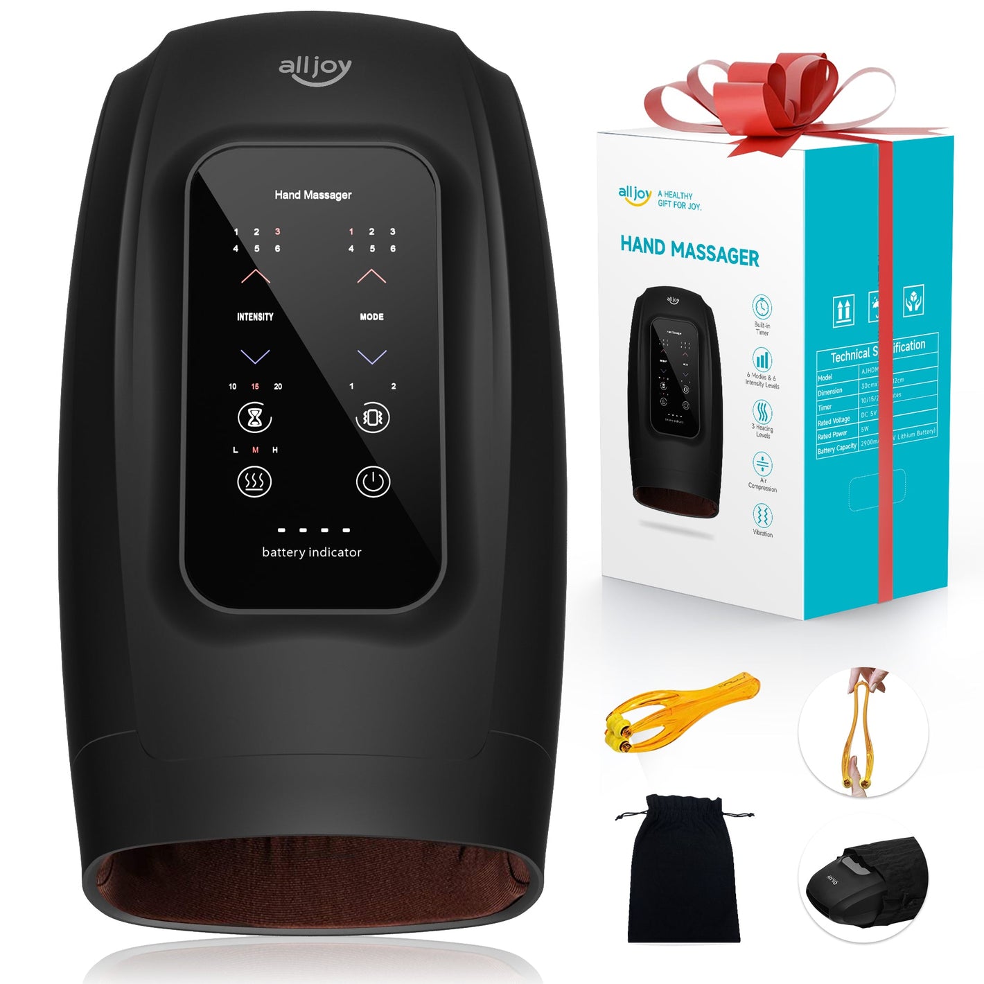 Cordless touchscreen hand massager with heat and compression